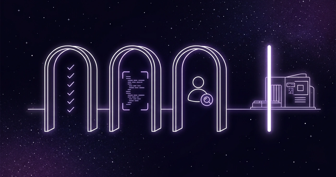 Three glowing arches in a row, each with a different symbol: a column of check marks, a frame of code, a human figure with a magnifying glass. On the right, crossed by a vertical beam, the outline of an industrial machine with a control panel.