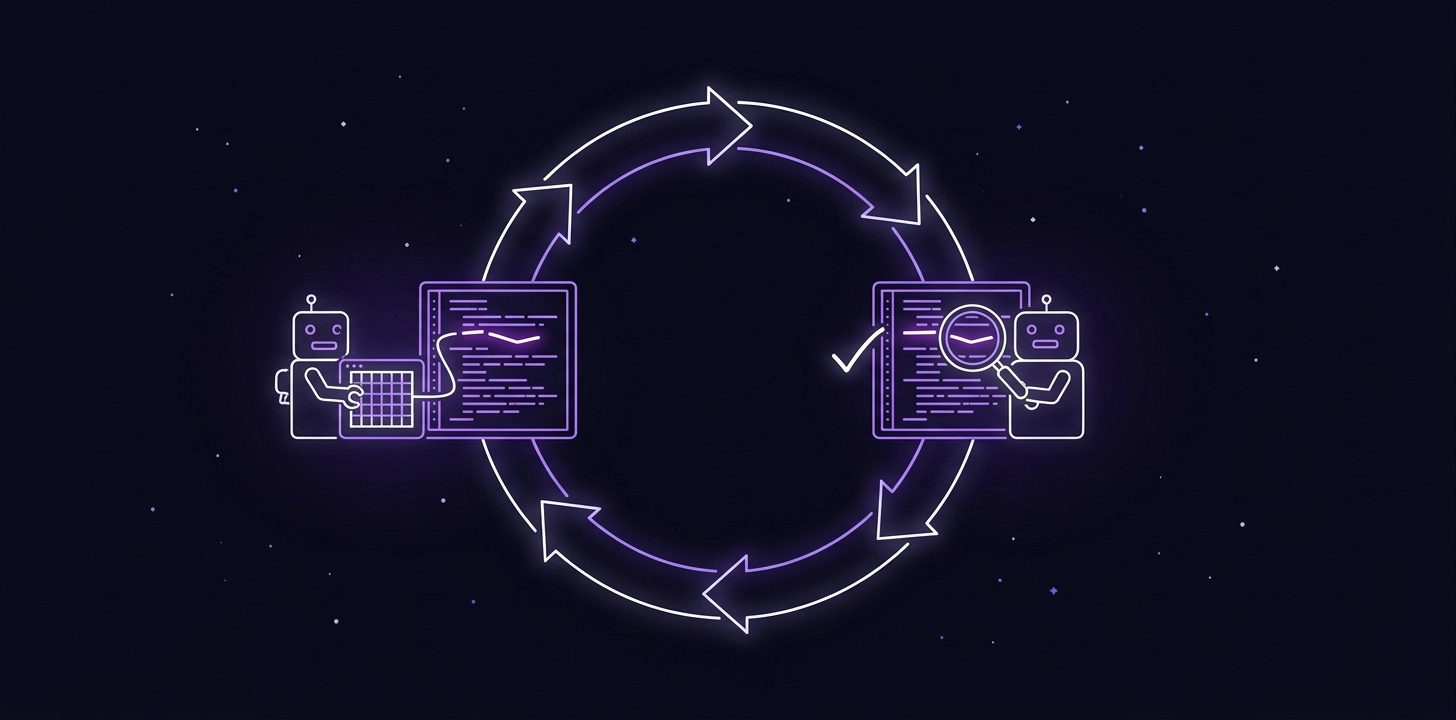 A closed loop of arrows: on the left a robot writes a panel of code, on the right an identical robot with a magnifying glass checks it. A crooked line in the code passes unnoticed, with a check mark beside it.