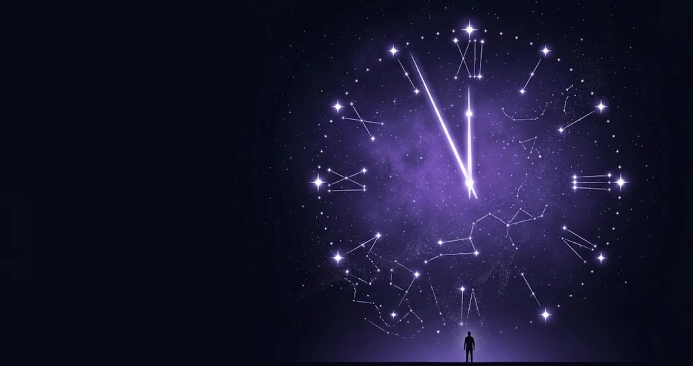 A clock made of stars shows a few minutes to midnight while a small human figure watches it from the horizon.