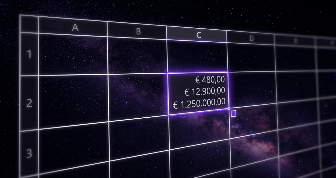 A spreadsheet tilted in perspective over a starry sky, its cells empty with thin white glowing outlines; cell C2 has a violet border and the selection handle, and holds three euro amounts one under the other: 480, 12,900 and 1,250,000