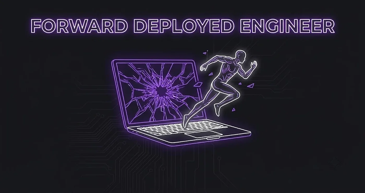Stylized neon person running out of a shattered laptop screen, with the text Forward Deployed Engineer