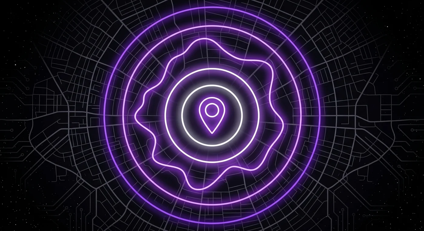 A location pin at the center surrounded by concentric rings representing reachability isochrones, over a stylized city-grid map, in white and violet neon style