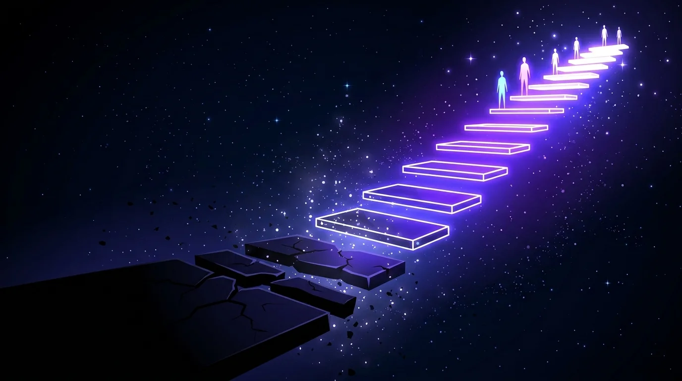 A staircase of glowing platforms rising toward a starry sky, its lowest steps dark and broken