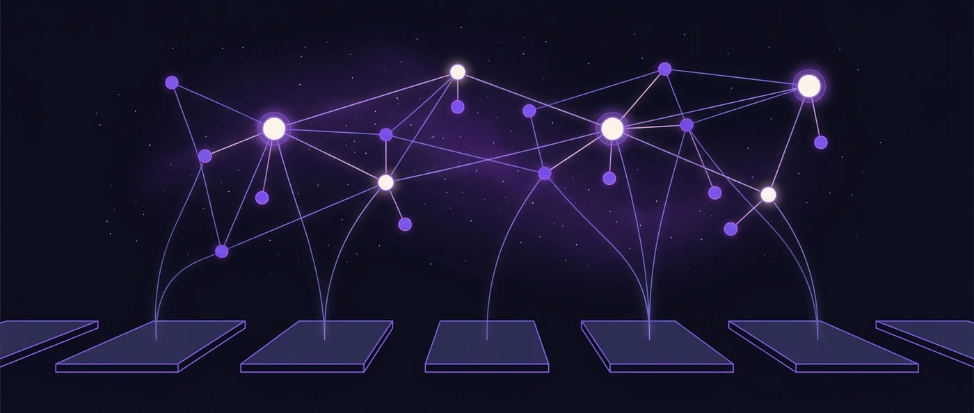 A row of dim rectangular slabs, like isolated tables, with filaments of light rising from them and weaving into a connected network of violet and white nodes