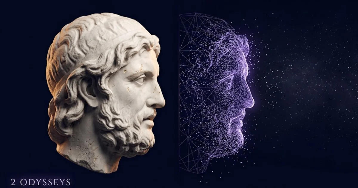 Marble sculpted head dissolving into violet digital particles, representing the line between human-made and AI-generated creation