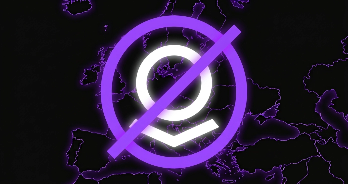 The Palantir logo in white inside a violet prohibition sign, circled and struck through, over a neon map of Europe
