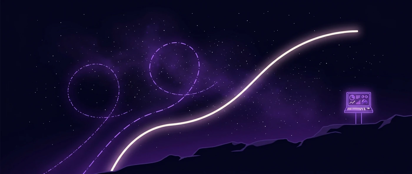 Violet starry sky above a rocky ridge: two dashed light trails curl into closed loops while a third, continuous white trail breaks past them and climbs to a lit control panel