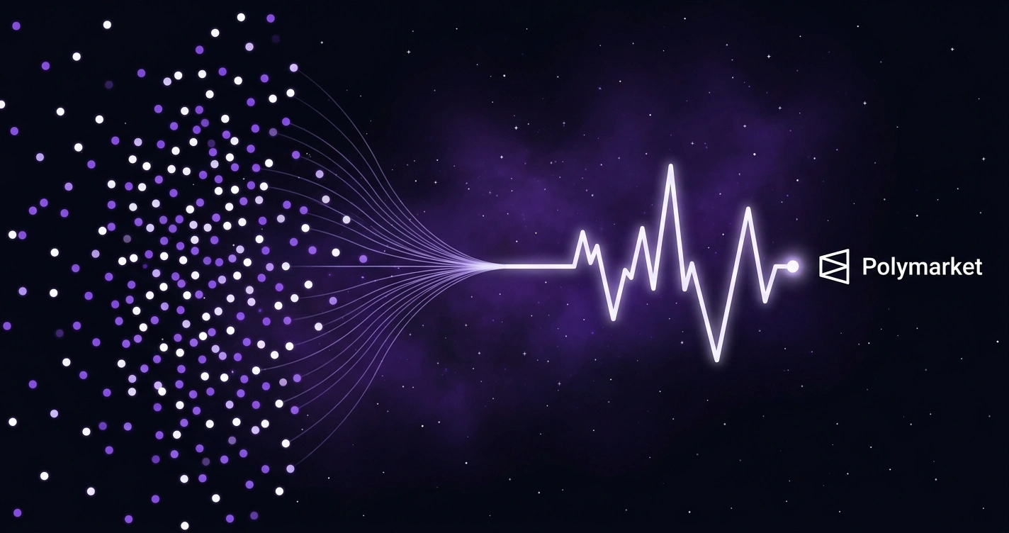 White and violet neon illustration: hundreds of luminous dots converge into a single point and emerge as one continuous line shaped like a price chart