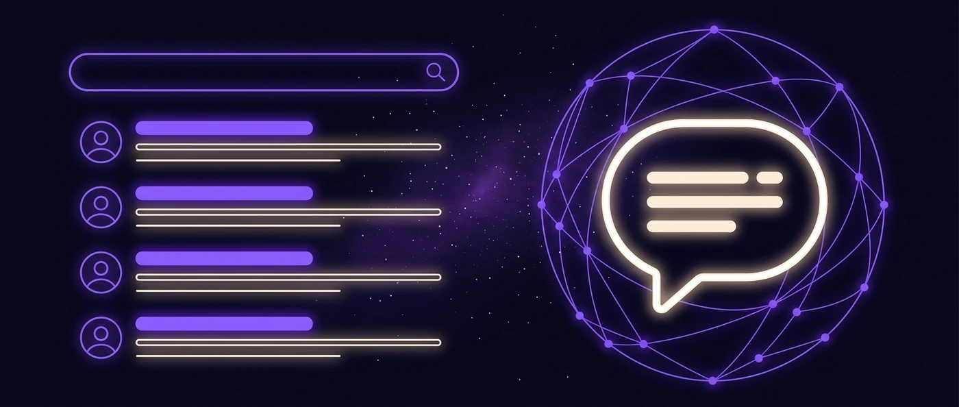 White and violet neon illustration: on the left a classic search results list, on the right an answer bubble at the center of a connected node network