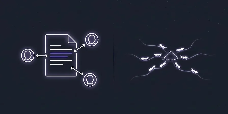 On the left, several people edit the same shared document without coordinating with each other; on the right, ants converge on a mound following the same pheromone trails, the same stigmergy principle applied to humans and insects