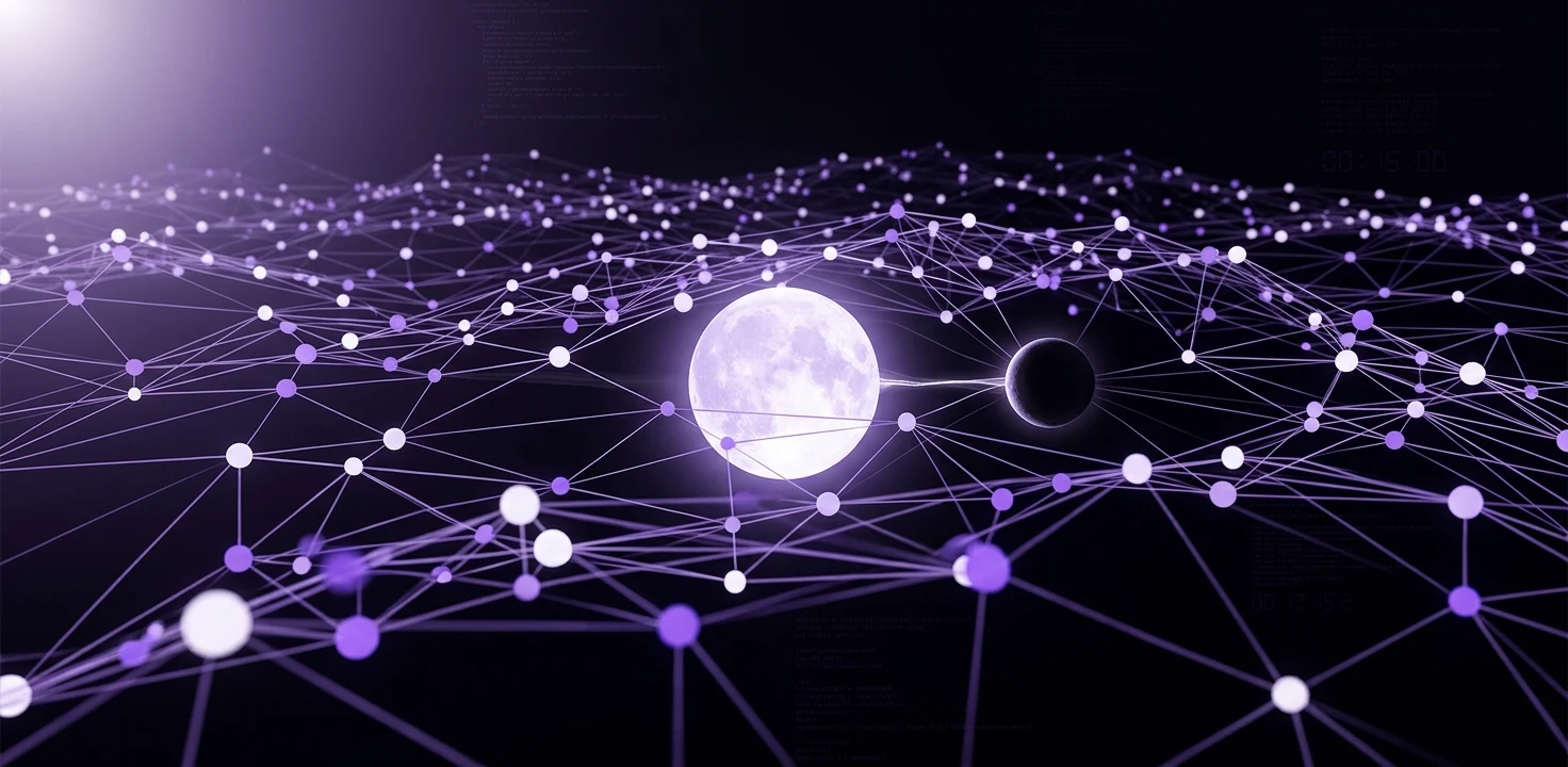 Glowing violet and white knowledge graph on a dark background, with a sphere-shaped node shifting from large and bright to small and dimmer, representing a fact changing over time